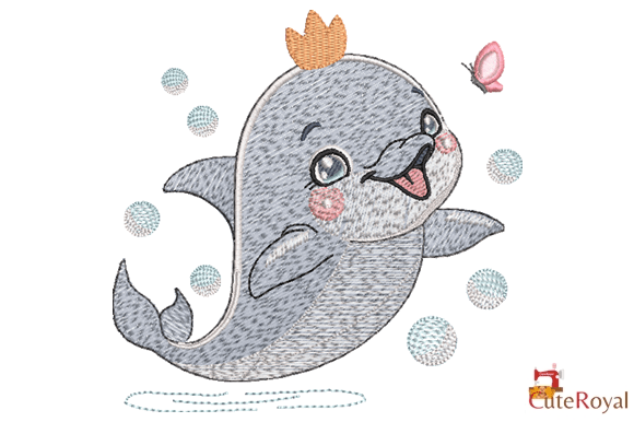 Crowned Dolphin and Pink Butterfly: A Sweet Embroidery Design for Personalized Gifts