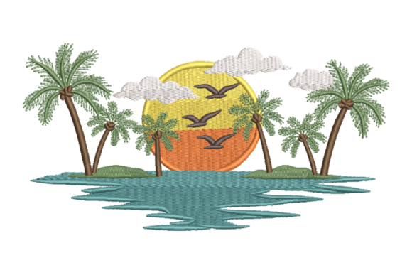 Tropical Sunset Island Embroidery Design
